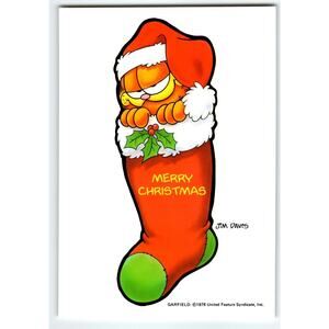 Garfield German Postcard Christmas Santa Hat Cat Inside Stocking Jim Davis 1978